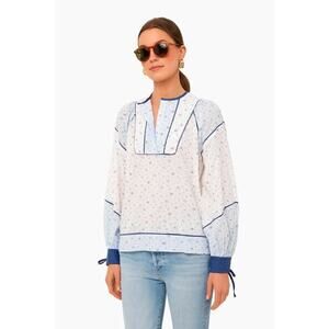 The Shirt by Rochelle Behrens L Ditsy Blue White Peasant Blouse EUC $146 Floral